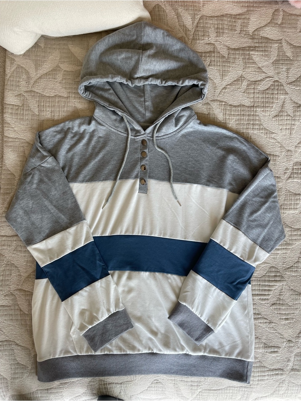 Women's Colorblock Hooded Sweatshirt - Gray, White & Blue